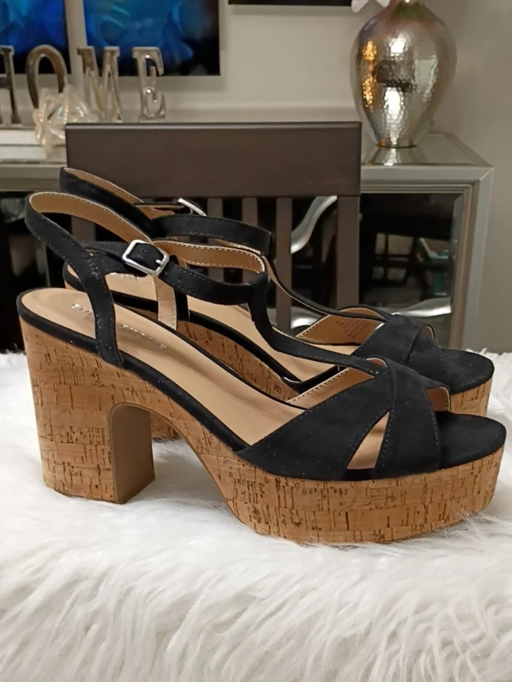 New Sun & Stone Julien Black Cork-Platform T-Strap Sandals - 10M